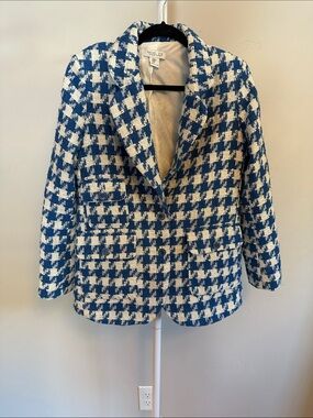 Rachel Zoe Blue & White Houndstooth Bouclé Blazer Jacket